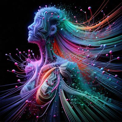 The primary subject of the image is a woman with a colorful, digital art-like appearance. She is surrounded by a vibrant and lively environment, with a mix of pink, blue, and green colors. The setting includes a background of wires and a patterned surface, which adds to the overall visual style of the image. The woman's expression and the artistic representation of her body convey a sense of creativity and uniqueness.